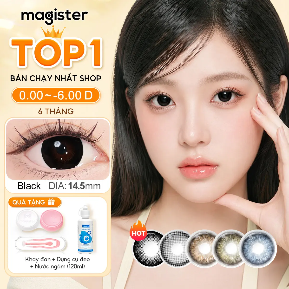 【ĐÔI MẮT to】Kính Áp Tròng 6 tháng Magister Mua 1 Tặng 3,mắt giãn to tròn màu,Đường kính 14.2-14.5mm,Độ cận 0-6,mềm mại và to，Allure Gray,Black,đen/nâu/xanh,lens xám tây, tặng Nước ngâm+Dụng cụ đeo+ Khay đơn, phù hợp đi học & đi làm,Cực Xinh