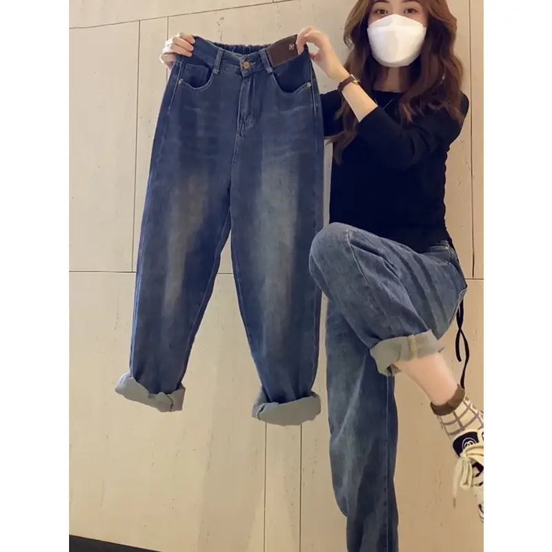 Large Size Women's Jeans, Women's Loose Fitting Harlan Straight Leg High Waisted Slimming Dad Pants, 2024 Spring New Instagram Trend