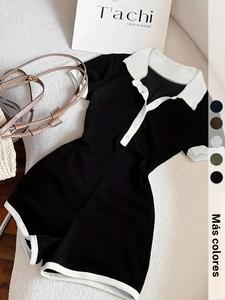 Mono casual de mujer con cuello tipo polo y ribete en contraste, mono corto de punto de manga corta para un estilo veraniego, cómodo y a la moda