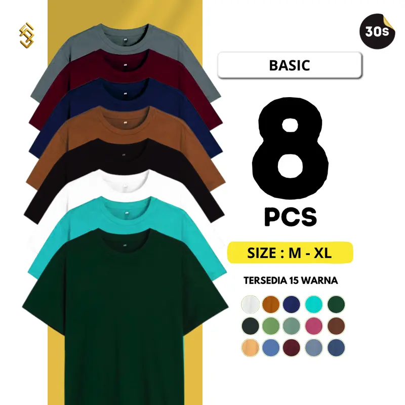 [8pcs] Kaos Polos Santai Unisex Pria Wanita PolyCotton 30s Oblong Dewasa Baju Distro Atasan Pendek Keren Surfing Cowok Cewek Unisex
