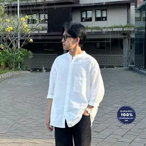 Roomfazza Linen Putih Oversize Lengan 7/8 Band Collar Premium Kemeja Pria Terlaris