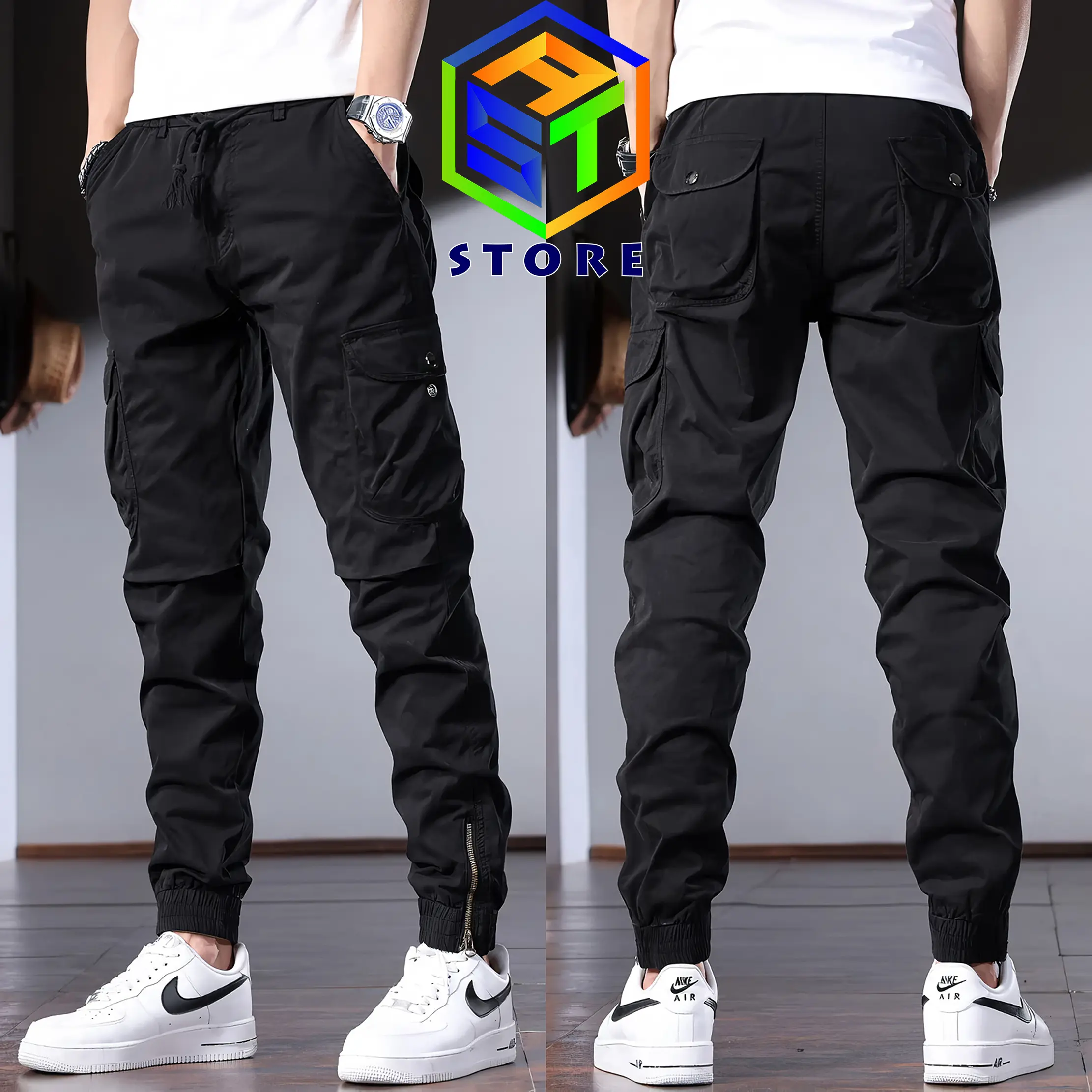 celana cargo combat buttonzip polosan twill stretch pria wanita 6 saku kantong Casual Katun Hitam Cowok Dewasa