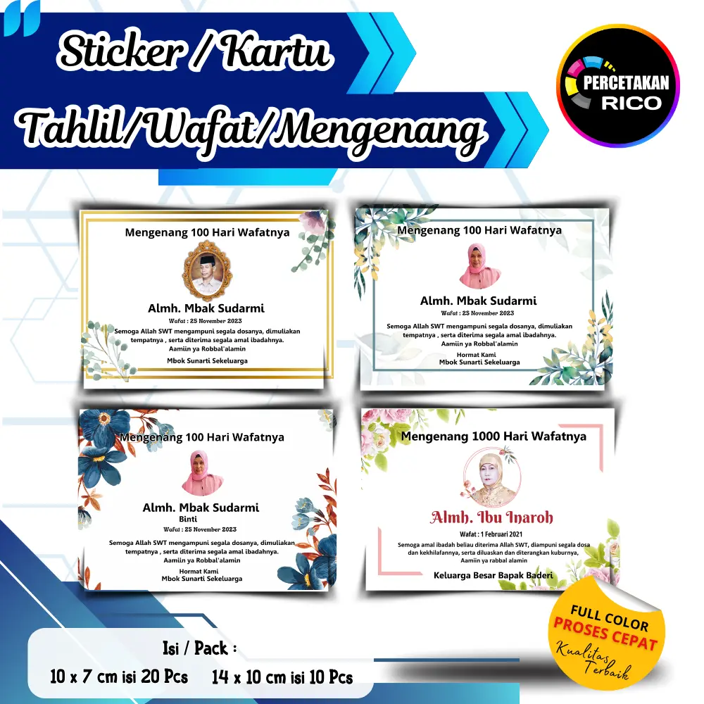 (isi 20, 10 Pcs) Kartu/Stiker Tahlil / Wafat / Menggenang 40/100 /1000 Hari / Stiker Haul