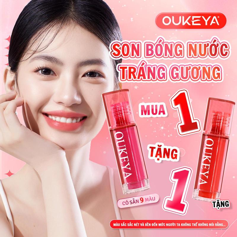 (Mua 1 tặng 1)OUKEYA Son Môi Gloss Tint, Chất Son Bóng Bền Màu, Cung Cấp Độ Ẩm, Màu Sắc Trẻ Trung Tươi Tắn son  mini lip  combo