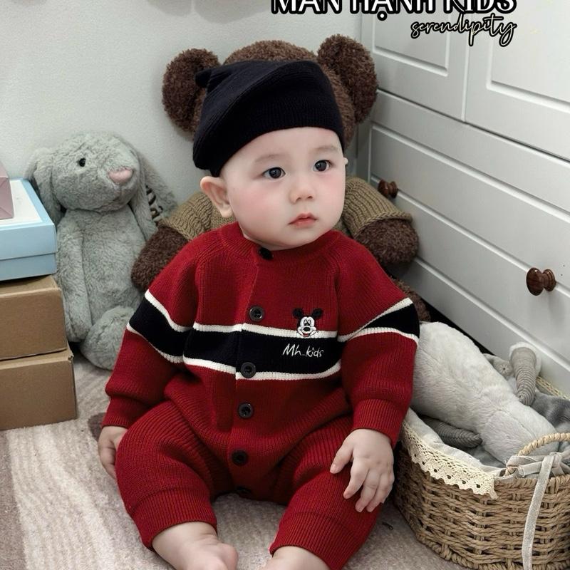 Body len kẻ tay mickey đỏ tặng kèm mũ nồi cho bé trai và bé gái