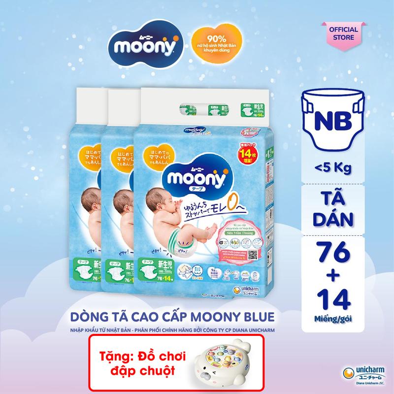 [COMBO 3-TẶNG ĐỒ CHƠI ĐẬP CHUỘT] Moony Tã bỉm dán xanh NB76+14/S70+14/M56/L54 - Nhập khẩu từ Nhật Bản