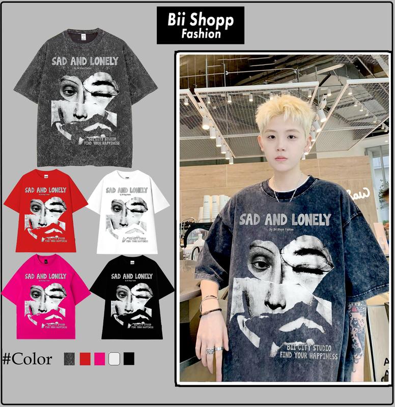 LOCAL BRAND Áo thun Wash Mắt SAD AND Phong Cách Unisex Form Rộng Áo thun Phông Màu Phong Cách Âu Mỹ