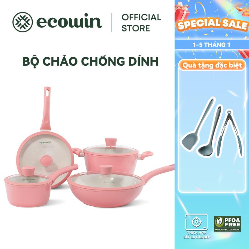 Bộ Dụng Cụ Nấu Ăn Chống Dính  Ecowin  Dòng Đào, Lớp Phủ Gốm Màu Hồng, 4 Cái / Bộ, Bao Gồm Chảo Sữa 18cm, Chảo Rán 24cm, Nồi Súp 24cm và Chảo 30cm  Thích Hợp Cho Tất Cả Các Loại Bếp