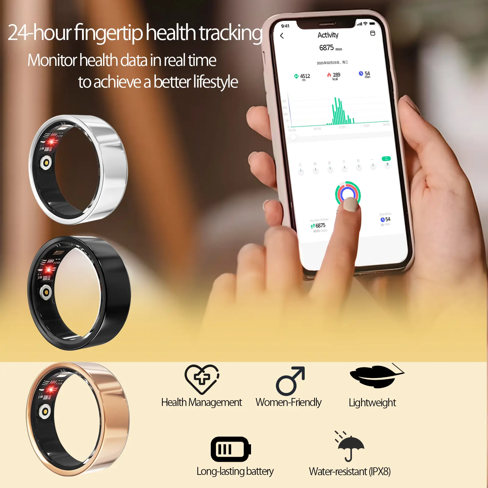 Cincin Kesihatan & Kecergasan, PaaGoo, untuk Memantau Tekanan Darah, Langkah dan BP, Serasi dengan iPhone dan Android, Berfungsi dengan Aplikasi Kesihatan