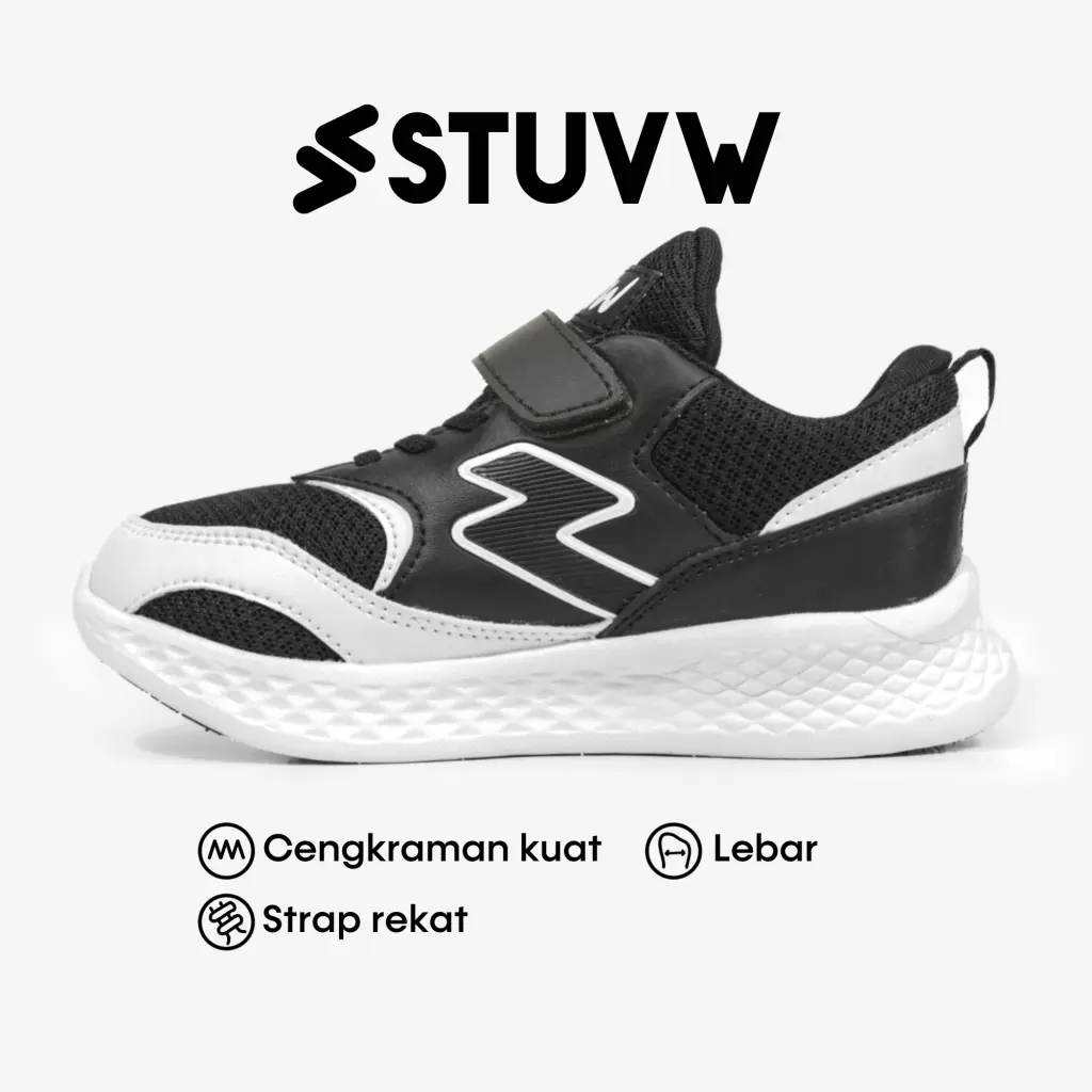 Sepatu Sneakers Anak Sekolah Hitam dan Putih Fashion STUVW Eon v2 Hyper Black dengan Upper Breathable Mesh dan Outsole Premium Phylon - Sport, Outdoor