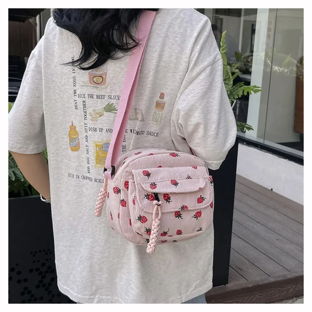 Fashion Printing Strawberry Crossbody Bag Zipper Corduroy Large Capacity Shoulder Bag Women Girl Sweet Handbag