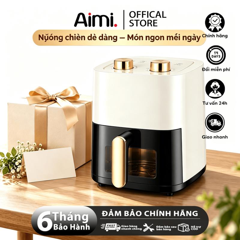 Nồi chiên không dầu có cửa sổ nhìn thấy 4L điều khiển núm xoay 360 độ gió nóng chiên nướng không cần lật thực phẩm, nồi chống dính tiết kiệm dầu mỡ