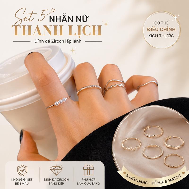 Set 5 Nhẫn Nữ Đính Đá Zircon, Nhẫn Mở Có Thể Điều Chỉnh, Nhẫn Đốt Ngón Phong…