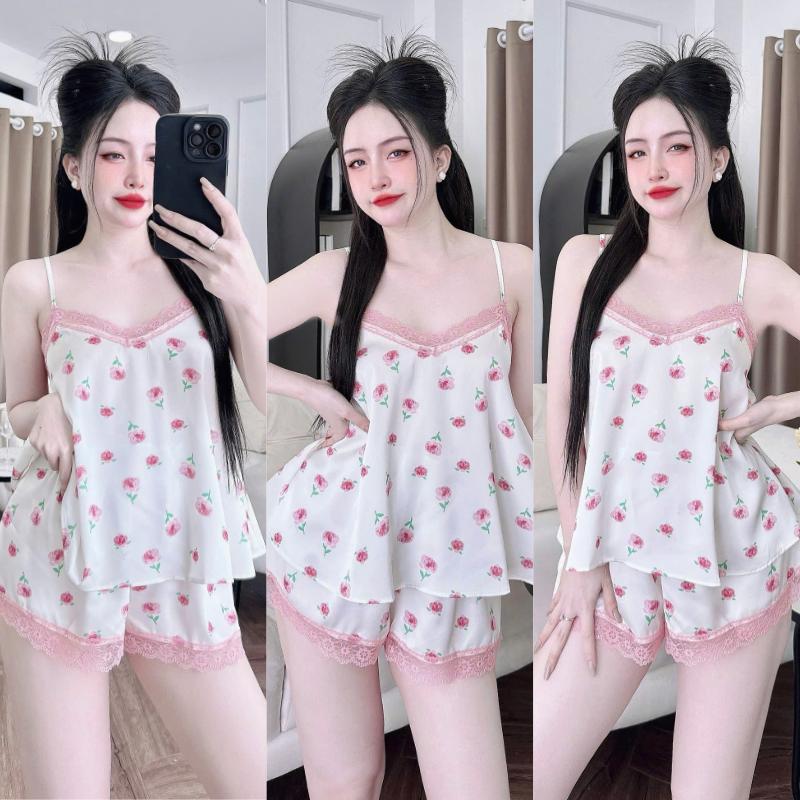 Bộ Đồ Ngủ Nữ Sexy HEUN YOUNG Đồ Bộ Nữ, Bộ Mặc Nhà 2 Dây Phối Ren Quần Đùi Lụa Latin Mềm Mịn FreeSize 40-65kg Áo Kem Women 8