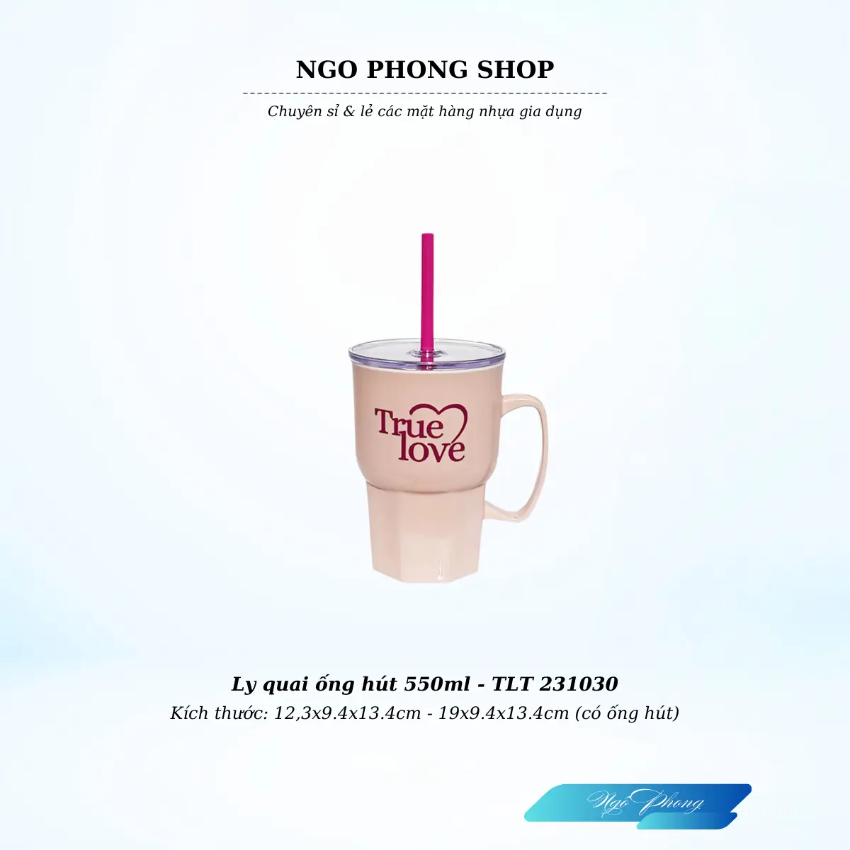 Ly quai ống hút 550ml Tân Lập Thành, tay cầm tiện lợi. Họa tiết dễ thương kèm ống hút.