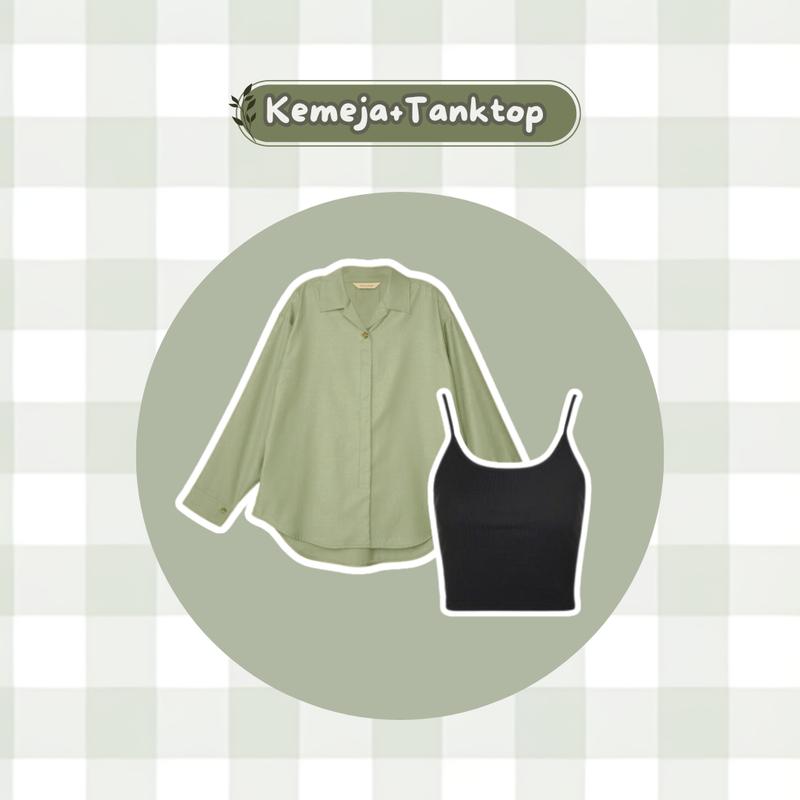 Oneset 3 in 1 Ootd Wanita Hijab Korean Style ( Kemeja Sage Green Celana Cargo Outfitset ) - AH43 Setelan Basic Casual Kombinasi Katun Panjang Loose Rayon Baju Formal Tangan Atasan Pendek Hitam Oversize 4