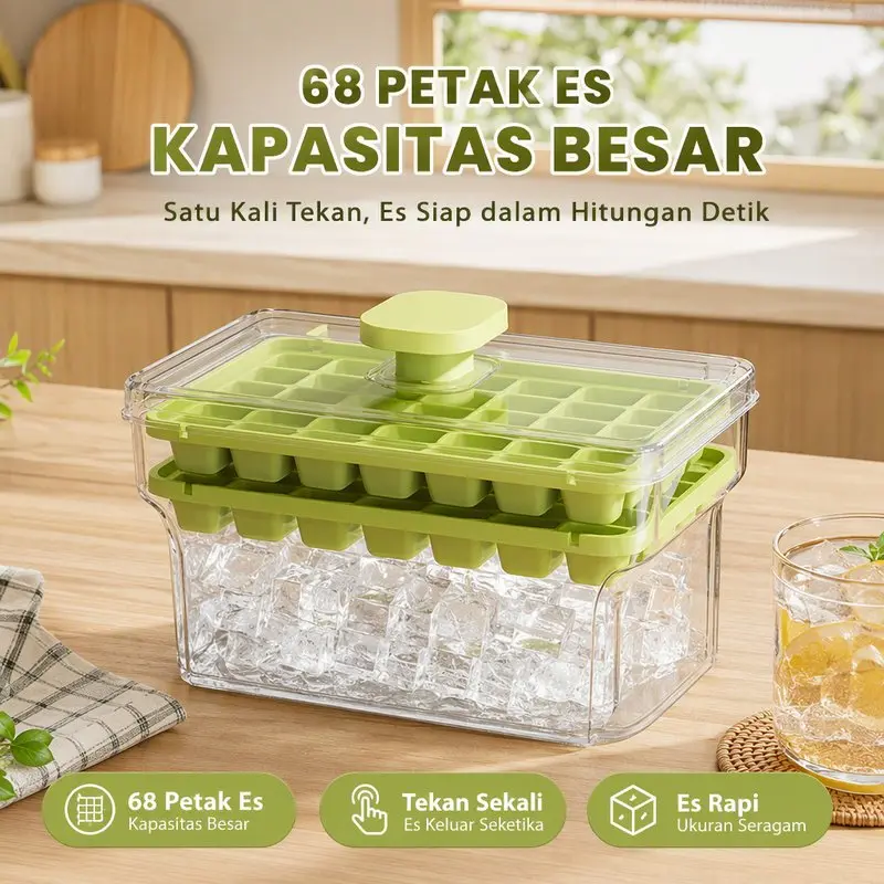 Cetakan Es Batu 68 Grids Press Ice Maker Tray Kotak Wadah Transparan Silicone Food Grade Tutup Kedap Bebas Bpa Untuk Whisky Cocktail Jelly Sendok Es 19CM × 11CM × 10CM