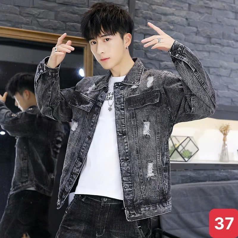 TOP BÁN CHẠY - Áo khoác jean nam màu xám nhạt rách chất liệu bò cao cấp co dãn nhẹ AK37 form dáng chuẩn đẹp Menswear Jacket Có Cổ Có Túi