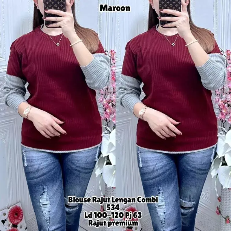 SILVA Blouse Rajut Lengan Combi baju sweater salur tangan combi Knitwear Wanita Panjang Top Nyaman Atasan 3