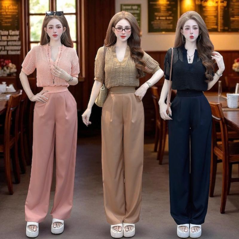 * Quần dài 102cm Set quần áo CRAZYTEEN S6296 gồm áo tay ngắn và quần suông để đi chơi Áo kiểu Quần suông Áo dây Set đồ dễ thương