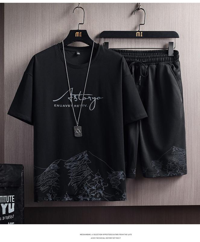 Product Introduction of Short-Sleeved T-shirt Suit Men's Summer New Snow Mountain Printing Fashion Trendy Slim Fit Large Size Sports Two-Piece Suit 7