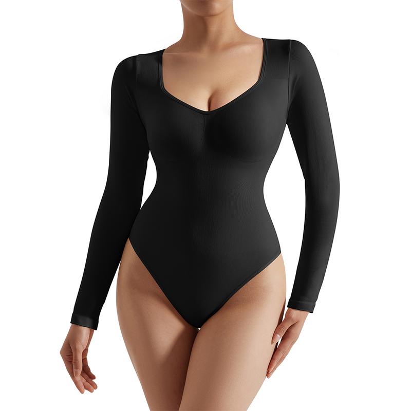 Mooslover Women's V Neck Long Sleeve Bodysuit Sexy Ribbed One Piece Bodysuit 4