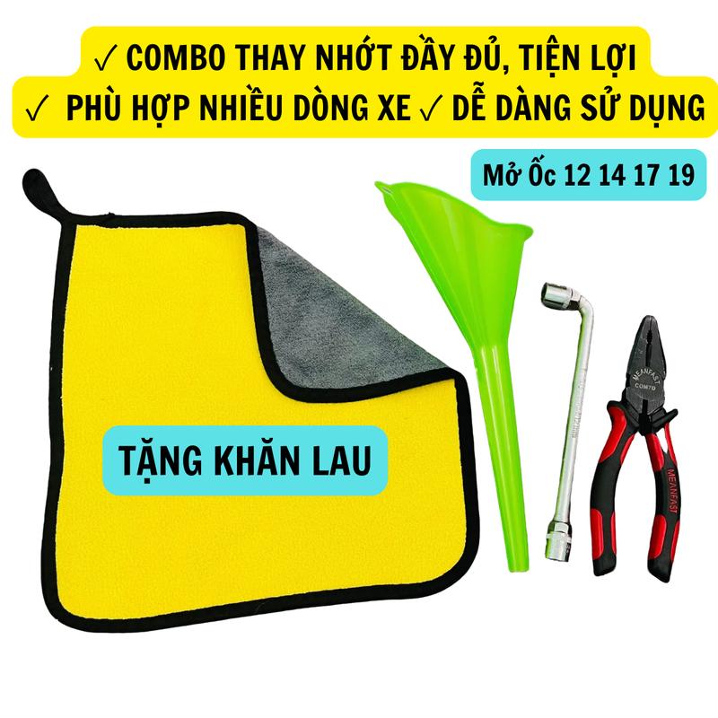 COMBO 4, Dụng cụ THAY NHỚT xe máy tại nhà, đầy đủ (PHỄU thay nhớt + ĐIẾU thay nhớt + KỀM + KHĂN)