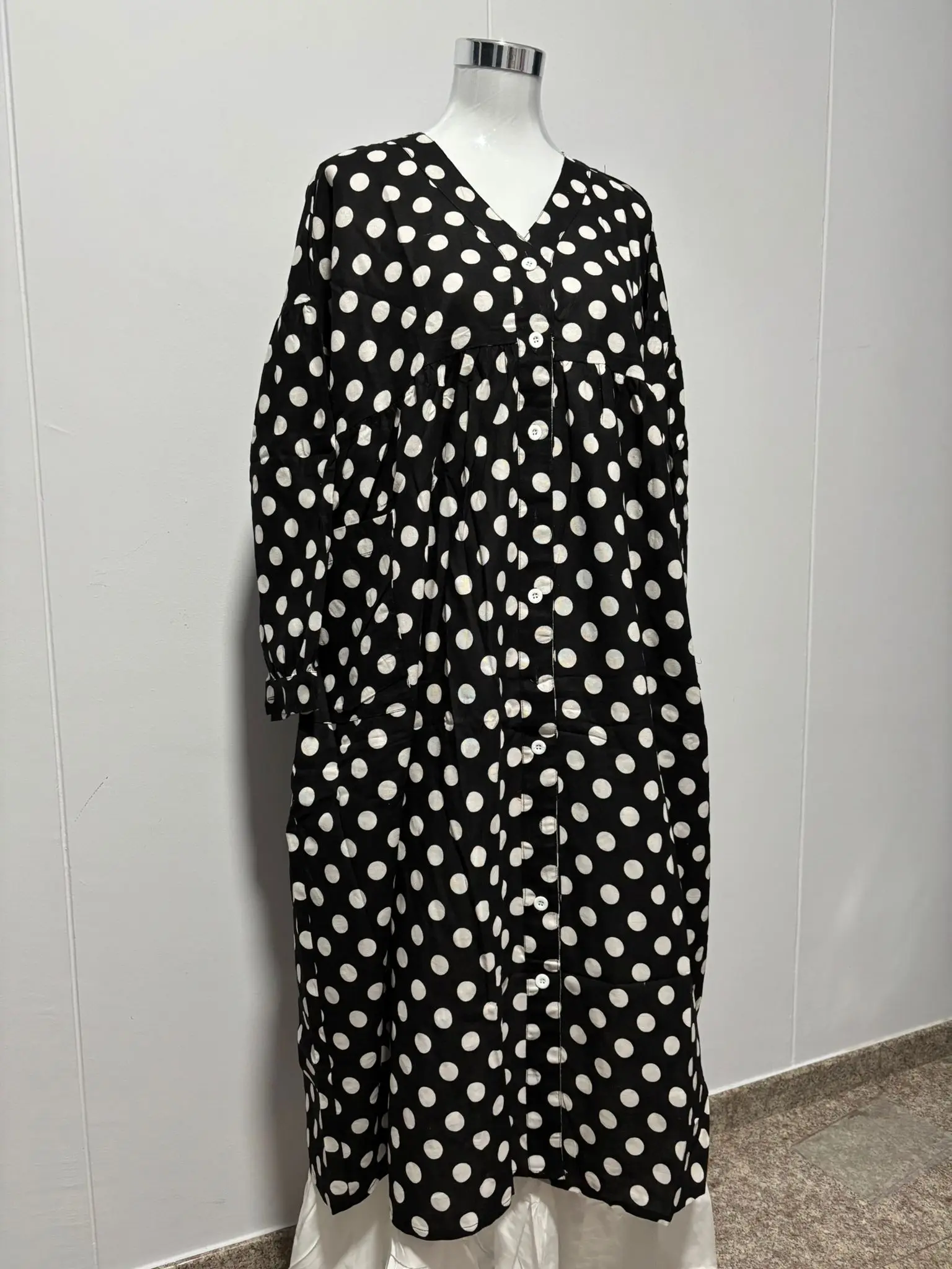 [hserenity] Kara Polka Dot Long Tunic/Dress Linen (2 FRONT POCKETS + BUTTONS)