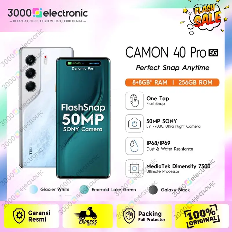 TECNO CAMON 40 Pro 5G - RAM 8+8GB*/256GB, Mediatek D7300 Ultimate, 6.78” FHD+144HZ 3D Curved Amoled, 5200mAh - Garansi Resmi 2