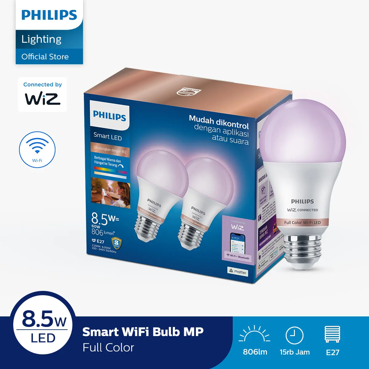Philips Lampu Bohlam Smart Wifi LED Multipack 8.5W Bluetooth Color RGB