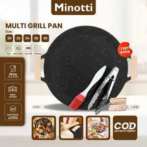 Minotti Promotion Wooden Handle Alat Panggangan BBQ Grill Pan Korean Wajan Bulat Anti Lengket Pemanggang Serbaguna/BBQ Piring Pemanggang Baja /Alat panggang serbaguna/Panggangan Bulat/Alat panggang sate/Panggangan kompor/ pembakaran  anti  lengket