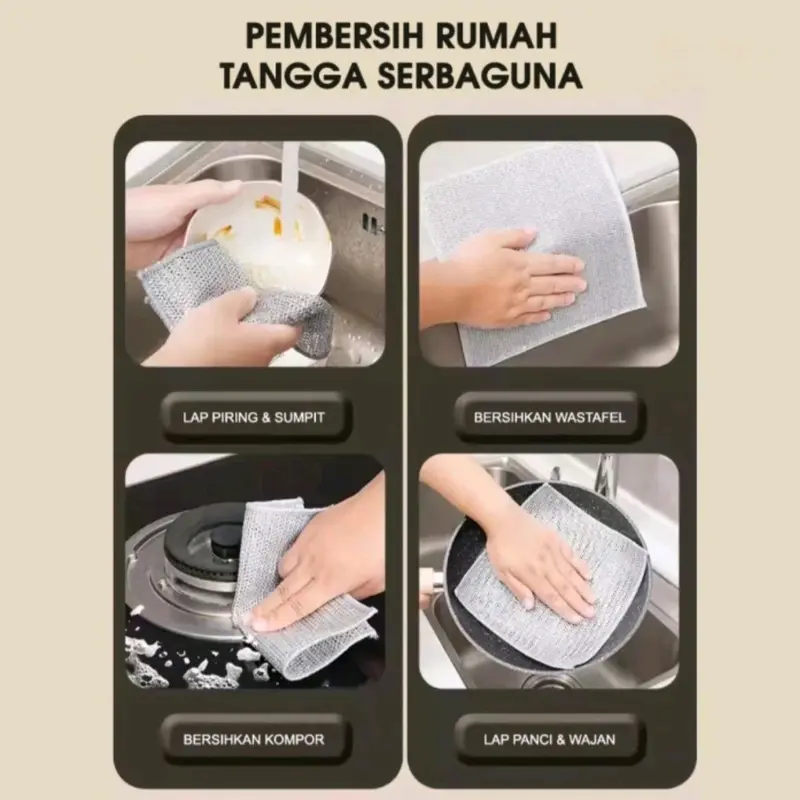 [ isi 5 pcs ] Kain lap dapur kawat perak bentuk petak halus untuk membersih panci dan piring kain cuci piring kawat 1
