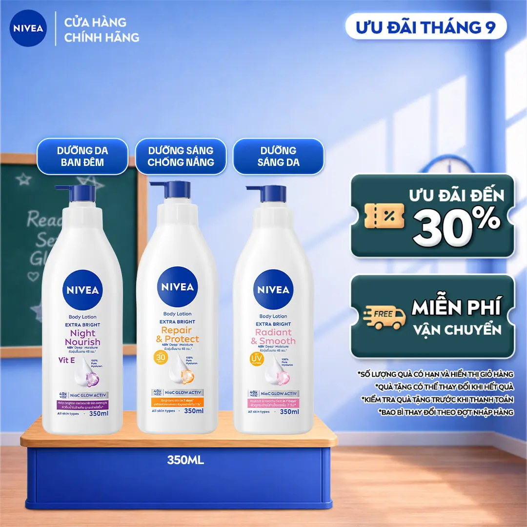 Sữa Dưỡng Thể NIVEA Extra Bright Dưỡng Sáng Mịn Da/Chống Nắng Ban Ngày/Sáng Da Ban Đêm (350ml) - 88311/98413/98412