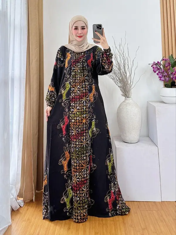 Gamis Luxe Cap motif Multicolor Terbaru 2025 Bahan kain Premium Resleting Depan, tali pinggang dan Saku 4
