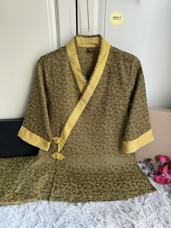  DL25 gấm cả bộ VÀNG Bộ Đồ Lam Đi Chùa  Họa Y Pháp Phục  Phật Tử Nữ Size S M L XL XXL Chất  Sang Trọ Lụa ng Phù Hợp Lễ Hành Hương áo bà ba mặc tết tràng 