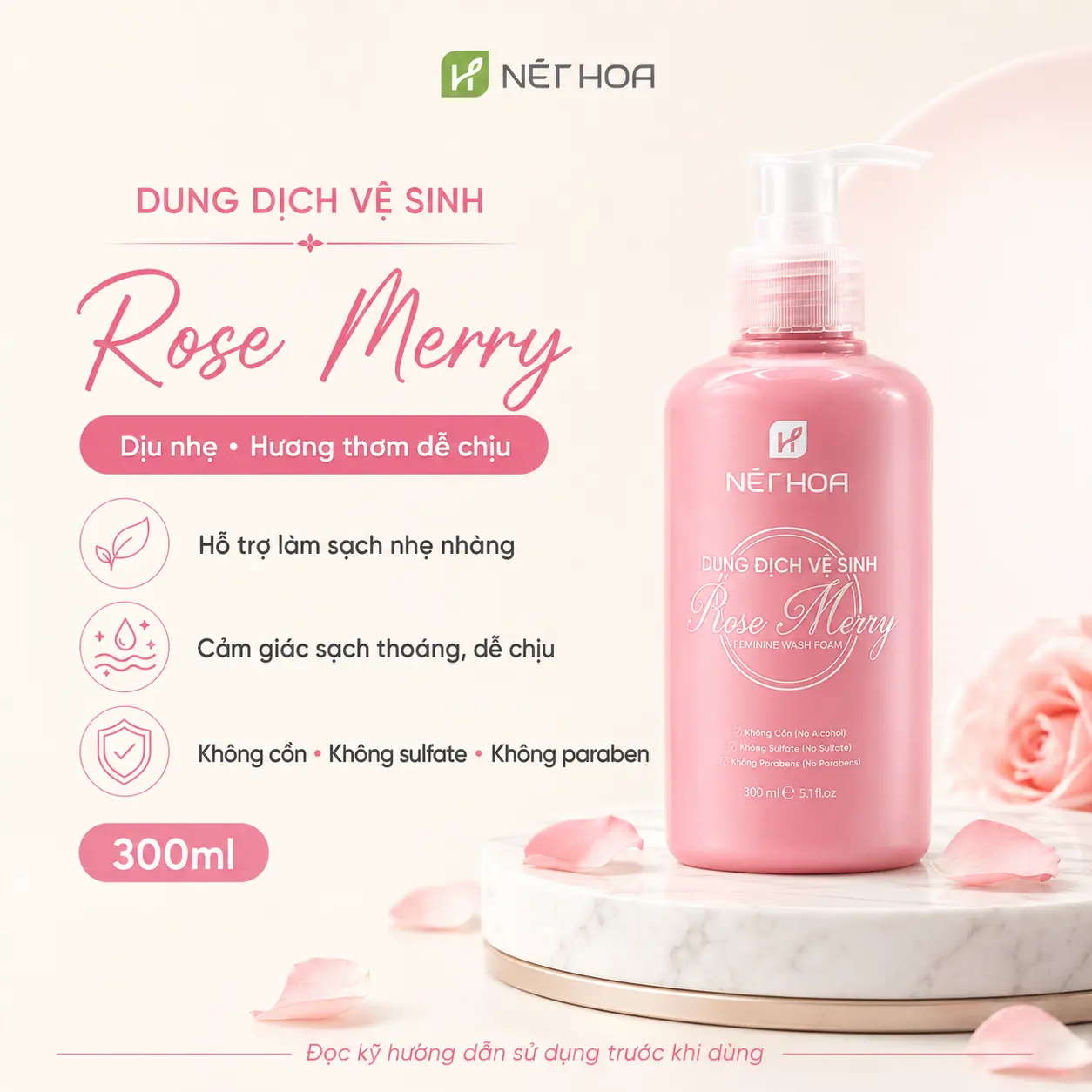 Nét Hoa Dung Dịch Vệ Sinh Phụ Nữ Gel Lá Trầu Không ROSE MERRY 300ML Chai To Gấp 2,5 Lần Tặng 01 Nước Hoa Có Che Tên Dung Dịch