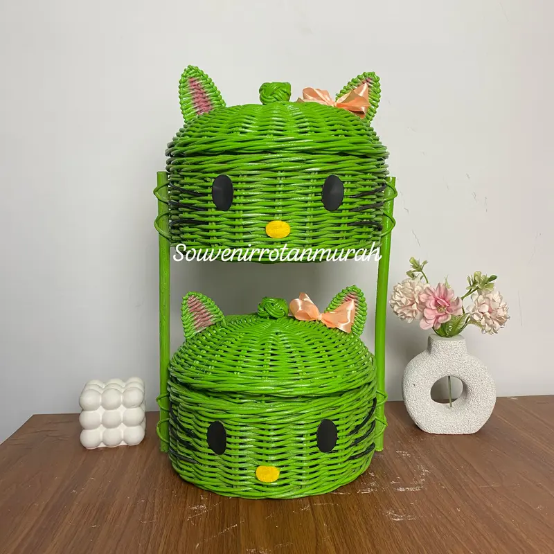 RAKIT SENDIRI Keranjang Rotan Bumbu Karakter Hello Kitty Susun 2 / Kucing Dapur Aestetic Souvenir Rotan Murah / Hamper Unik 2