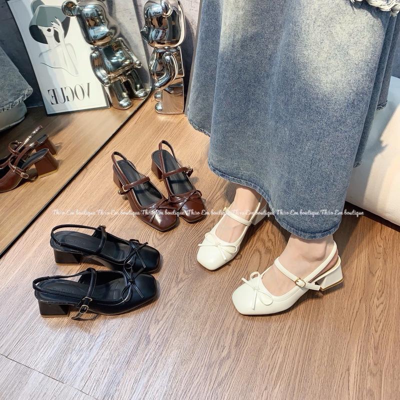 Giày sục Nữ hở gót da lì phủ bóng phối nơ gót vuông đế 5p SHV67 Shoes DéP
