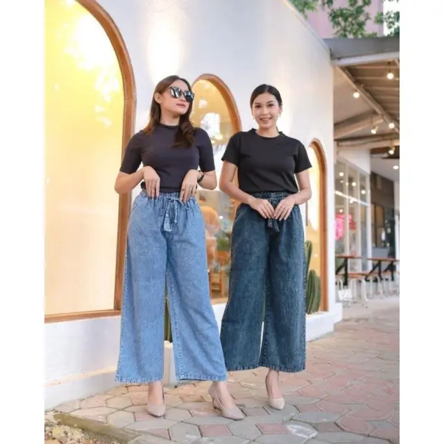 Celana Kulot Jeans Panjang Highwaist Wanita Super Jumbo Full Pinggang Karet Tali Serut/ Snow Wash