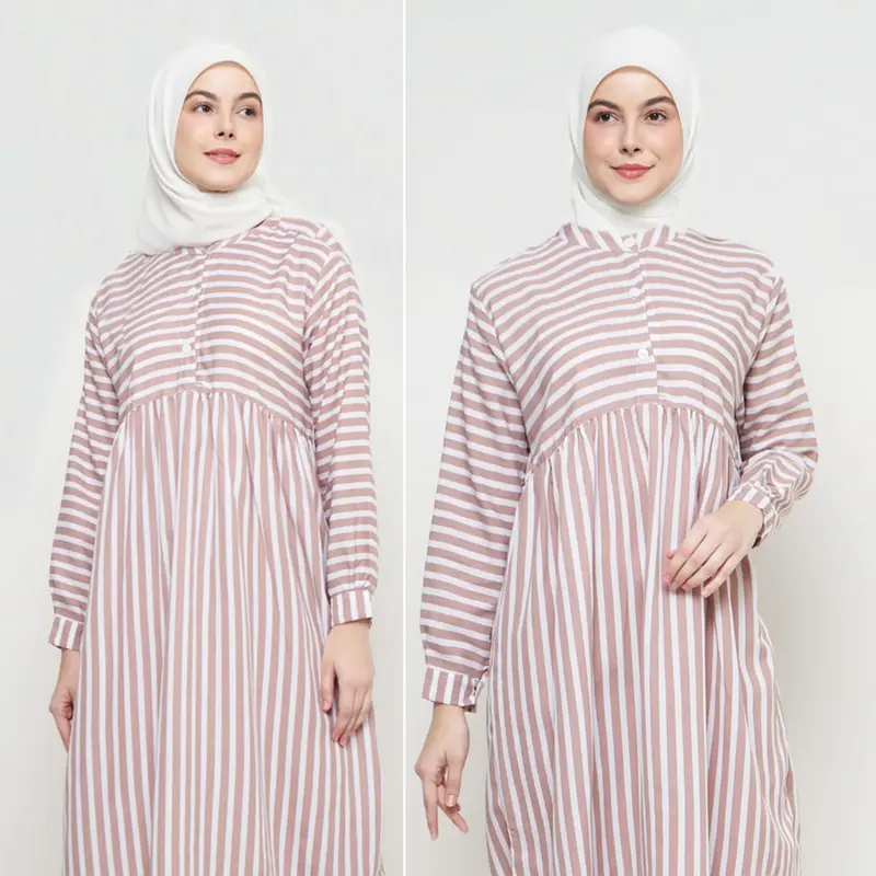 Midi Dress Wanita Muslim Motif Stripe Salur Bahan PolyRayon 0