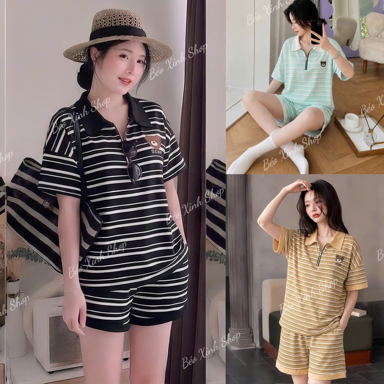 Béo Xinh Shop Set Thun Polo kéo Khoá Thêu Gấu Thun Soc Cotton Fom rộng Che Dáng cực Xinh, Đi Biển Hot Hít Nữ Cao Cấp cho nàng Chubby Dễ thương Bigsize 45-100kg - A.1836