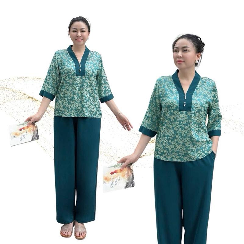  Y22 Bộ Lụa Gấm Cao Cấp Hoa Văn Sang Trọng Cho Các Quý Cô Mềm Nhẹ Thoáng Mát Phom Chuẩn Size 50-80kg Áo Lụa Gấm Mềm Mượt Quần Mango Thun Thoải Mái 