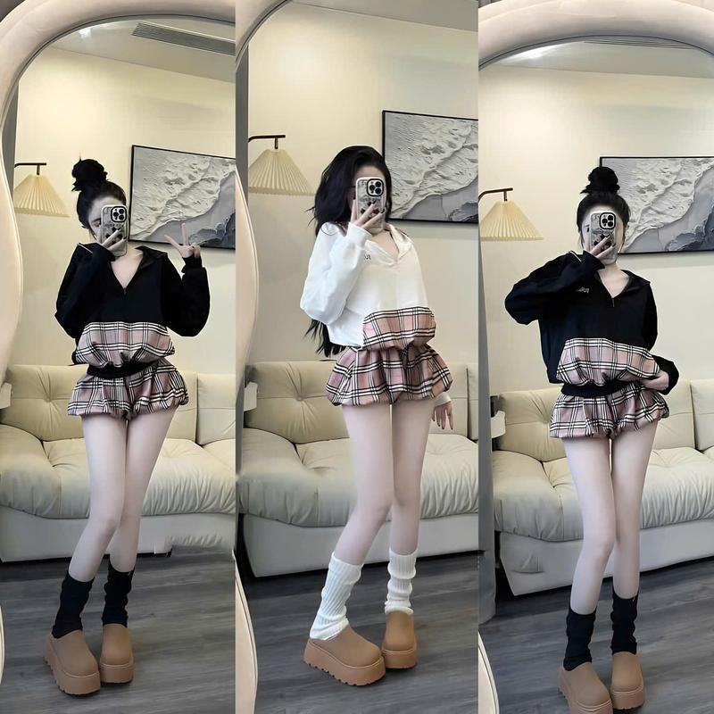 Sét Bộ Nỉ Có Nón Tay Dài Phối Quần Bí Caro Xòe 2 Lớp Cao Cấp Quyến Rũ Nữ Tính Dịu Dàng Thanh Lịch Sang Trọng Dễ Thương - Free Size - Women Top Màu ĐEN- ĐỎ