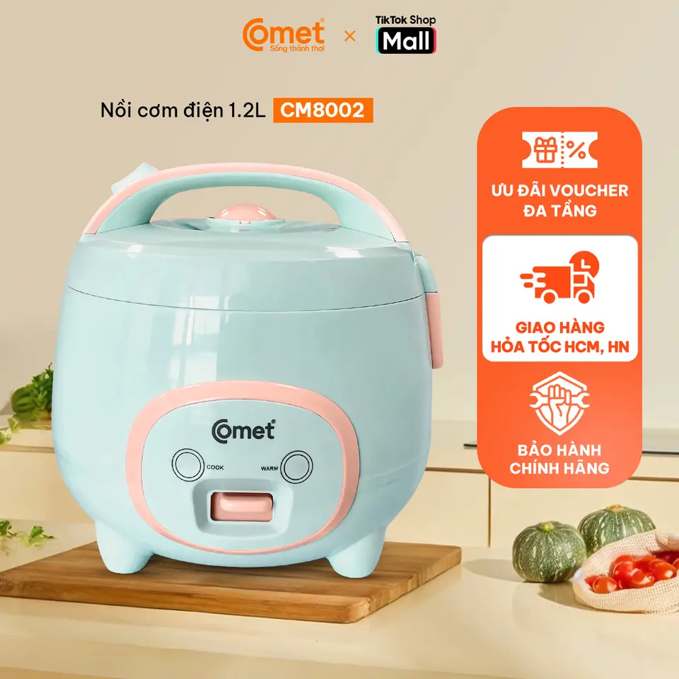 Nồi Cơm Điện 1L2 COMET - Gia đình 2 đến 4 người - Lòng nồi chống dính cao cấp, dễ vệ sinh, tiết kiệm điện, phù hợp gia đình nhỏ - CM8002