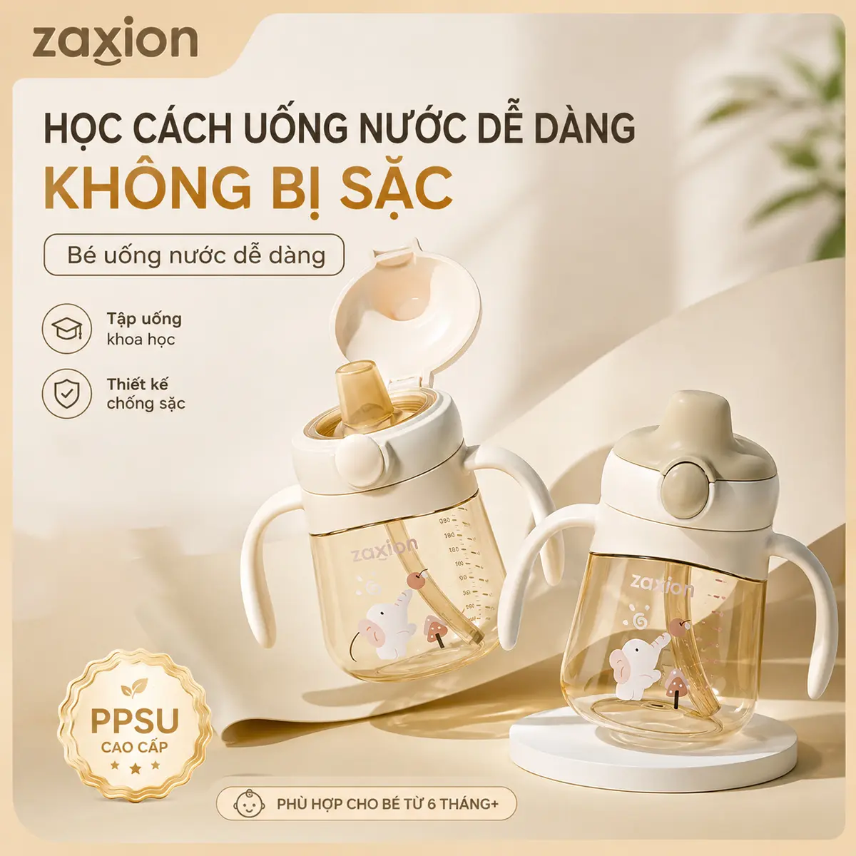 Bình Tập Uống Nước PPSU 280ML – Dễ Hút Cho Bé Mới Tập, Nắp Lật Chống Đổ, Bình nước tập hút cho bé, Không BPA | Tặng Nhiều Phụ Kiện