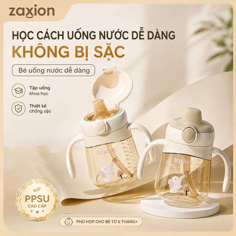 Bình Tập Uống Nước PPSU 280ML – Dễ Hút Cho Bé Mới Tập, Nắp Lật Chống Đổ, Bình nước tập hút cho bé, Không BPA | Tặng Nhiều Phụ Kiện