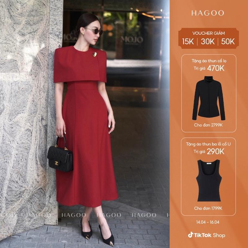 HAGOO Váy trùm vai 2 màu đỏ đô / Ghi thiết kế thanh lịch Nữ Women Voi Dress Voan