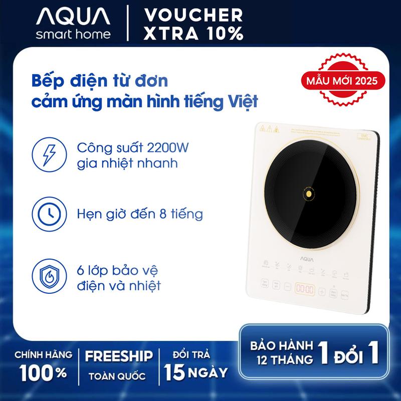 Bếp từ đơn AQUA ICT2201R 2200W, hẹn giờ 8 tiếng, 22 mức chỉnh nhiệt, màn hình tiếng Việt