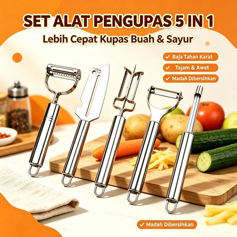 Set Pengupas Multifungsi 5 Fungsi dengan Dudukan Penyimpanan, Alat Kupas Buah Sayur Parut Halus Gali Lubang Aman Digunakan, Alat Dapur Ringan Mudah Disimpan untuk Dapur Kecil Rumah Tangga