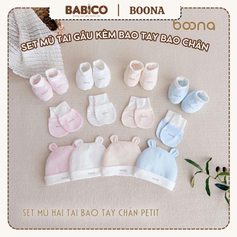 Set Mũ Tai Gấu Và Bao Tay Chân Phối Màu Hãng Boona Cho Bé Sơ Sinh Vải Petit Mềm Mại Nhiều Màu Cao Cấp